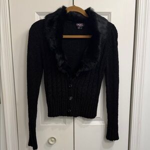 XOXO Black Faux-Fur Collar Knit Cardigan